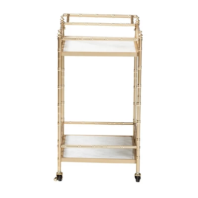 Mela Metal And Marble 2 Tier Wine Cart Gold/White Marble - Baxton Studio 3 Mela Metal And Marble 2 Tier Wine Cart Gold/White Marble - Baxton Studio - Image 3