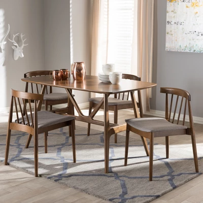 5pc Wyatt Midcentury Modern Walnut Wood Dining Set Beige/Brown - Baxton Studio 5 5pc Wyatt Midcentury Modern Walnut Wood Dining Set Beige/Brown - Baxton Studio - Image 5