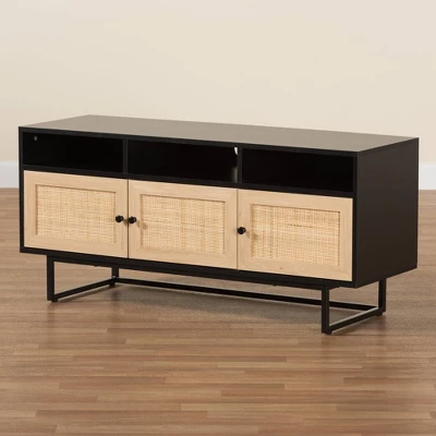 Declan Wood And Natural Rattan 3 Door TV Stand Espresso Brown/Black - Baxton Studio 8 Declan Wood And Natural Rattan 3 Door TV Stand Espresso Brown/Black - Baxton Studio - Image 8
