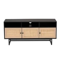 Declan Wood And Natural Rattan 3 Door TV Stand Espresso Brown/Black - Baxton Studio