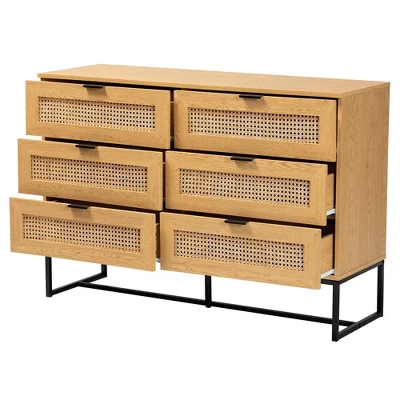 Sawyer Wood And Metal 6 Drawer Storage Cabinet With Natural Rattan Oak Brown/Black - Baxton Studio 2 Sawyer Wood And Metal 6 Drawer Storage Cabinet With Natural Rattan Oak Brown/Black - Baxton Studio - Image 2