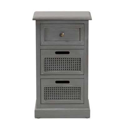 Sheldon Vintage Wood And Synthetic Rattan 3 Drawer Nightstand Gray - Baxton Studio 2 Sheldon Vintage Wood And Synthetic Rattan 3 Drawer Nightstand Gray - Baxton Studio - Image 2