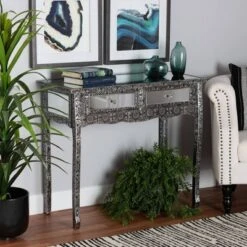 Wycliff Metal And Mirrored Glass 2 Drawer Console Table Dark Gray/Silver - Baxton Studio