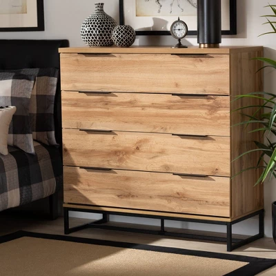 Reid Wood And Metal 4 Drawer Dresser Oak/Black - Baxton Studio 6 Reid Wood And Metal 4 Drawer Dresser Oak/Black - Baxton Studio - Image 6