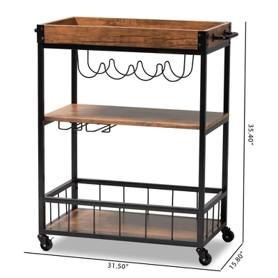 Cerne Oak And Finished Mobile Metal Bar Cart With Wine Bottle Rack Brown - Baxton Studio 9 Cerne Oak And Finished Mobile Metal Bar Cart With Wine Bottle Rack Brown - Baxton Studio - Image 9