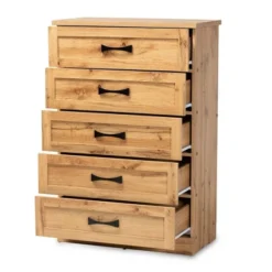 Colburn Wood 5 Drawer Tallboy Storage Chest Oak Brown - Baxton Studio