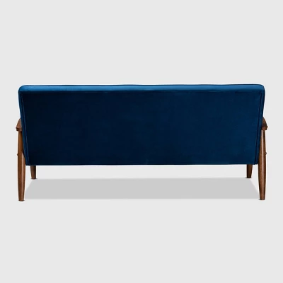 Sorrento Velvet Upholstered Wooden 3 Seater Sofa Navy Blue/Brown - Baxton Studio 3 Sorrento Velvet Upholstered Wooden 3 Seater Sofa Navy Blue/Brown - Baxton Studio - Image 3