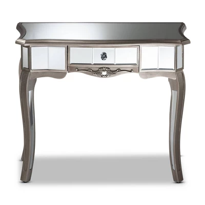 Elgin Brushed Wood And Mirrored Glass 1 Drawer Console Table Silver/Mirror - Baxton Studio 2 Elgin Brushed Wood And Mirrored Glass 1 Drawer Console Table Silver/Mirror - Baxton Studio - Image 2