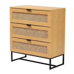 Sawyer Wood And Metal 3 Drawer Storage Cabinet With Natural Rattan Oak Brown/Black - Baxton Studio