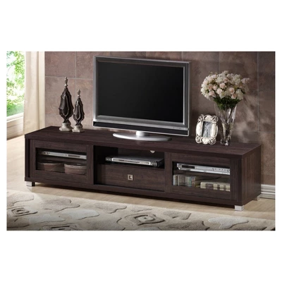 Beasley Cabinet With 2 Sliding Doors And Drawer TV Stand For TVs Up To 70" Dark Brown - Baxton Studio 4 Beasley Cabinet With 2 Sliding Doors And Drawer TV Stand For TVs Up To 70" Dark Brown - Baxton Studio - Image 4