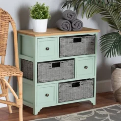 Valtina Two-Tone Wood 3 Drawer Storage Unit With Baskets Oak Brown/Gray/Mint Green - Baxton Studio -Urban Dwell Gear Outlet Store GUEST 407c217c fdd8 435a 811c c18edf4365b7