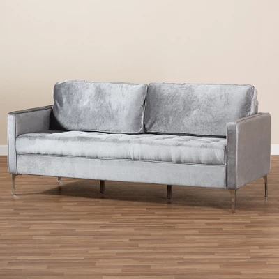 Baxton Studio Clara Velvet Fabric Upholstered 3 Seater Sofa Gray - BaxtonStudio 4 Baxton Studio Clara Velvet Fabric Upholstered 3 Seater Sofa Gray - BaxtonStudio - Image 4