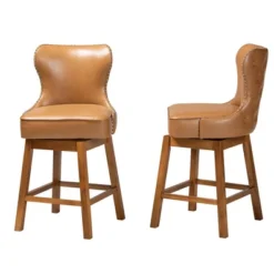 2pc Gradisca Faux Leather And Wood Swivel Counter Stool Set Tan/Walnut Brown - Baxton Studio