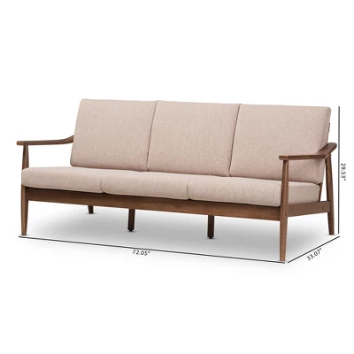 Venza Mid-Modern Walnut Wood Fabric Upholstered 3 Seater Sofa Light Brown - Baxton Studio 8 Venza Mid-Modern Walnut Wood Fabric Upholstered 3 Seater Sofa Light Brown - Baxton Studio - Image 8