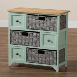 Valtina Two-Tone Wood 3 Drawer Storage Unit With Baskets Oak Brown/Gray/Mint Green - Baxton Studio -Urban Dwell Gear Outlet Store GUEST 46ba713b fbe3 4c8a 8322 e00d300f569e