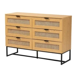 Sawyer Wood And Metal 6 Drawer Storage Cabinet With Natural Rattan Oak Brown/Black - Baxton Studio