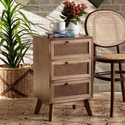 Baden Wood With Rattan 3 Drawer Nightstand Walnut Brown - Baxton Studio 2 Baden Wood With Rattan 3 Drawer Nightstand Walnut Brown - Baxton Studio - Image 2