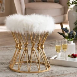 Leonie Faux Fur Upholstered Metal Ottoman White/Gold - Baxton Studio -Urban Dwell Gear Outlet Store GUEST 523d703a ccb2 46fc be4a 6bae15960523