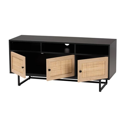 Declan Wood And Natural Rattan 3 Door TV Stand Espresso Brown/Black - Baxton Studio 2 Declan Wood And Natural Rattan 3 Door TV Stand Espresso Brown/Black - Baxton Studio - Image 2