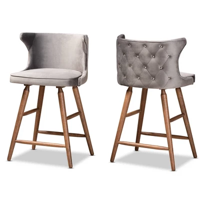 2pc Sagira Velvet Fabric Upholstered And Wood Counter Height Barstool Set - Baxton Studio 8 2pc Sagira Velvet Fabric Upholstered And Wood Counter Height Barstool Set - Baxton Studio - Image 8