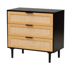 Maureen Wood And Rattan 3 Drawer Dresser Espresso/Natural Brown - Baxton Studio