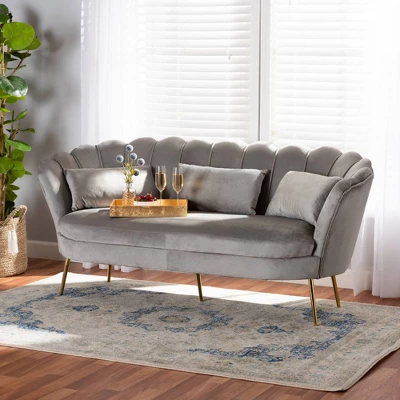 Genia Velvet Fabric Upholstered And Metal Sofa Gray/Gold - Baxton Studio 2 Genia Velvet Fabric Upholstered And Metal Sofa Gray/Gold - Baxton Studio - Image 2