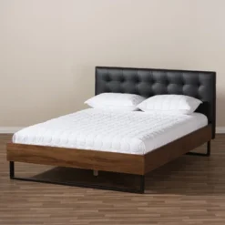 Mitchell Rustic Industrial Walnut Wood Black Faux Leather Metal Platform Bed Dark Bronze - Baxton Studio -Urban Dwell Gear Outlet Store GUEST 6d0302c4 3458 465e a304 09b5494a746f