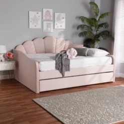Queen Timila Velvet Fabric Upholstered Daybed With Trundle Light Pink - Baxton Studio