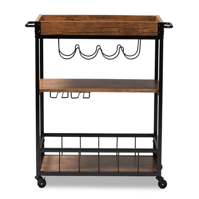 Cerne Oak And Finished Mobile Metal Bar Cart With Wine Bottle Rack Brown - Baxton Studio 2 Cerne Oak And Finished Mobile Metal Bar Cart With Wine Bottle Rack Brown - Baxton Studio - Image 2
