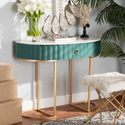 1 Drawer Beale Velvet Upholstered And Brushed Console Table Green/Gold - Baxton Studio -Urban Dwell Gear Outlet Store GUEST 760cec46 ca09 49d3 812b ee5335396259