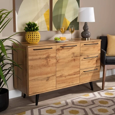 Radley Wood 3 Drawer Sideboard Buffet Oak Brown/Black - Baxton Studio 4 Radley Wood 3 Drawer Sideboard Buffet Oak Brown/Black - Baxton Studio - Image 4