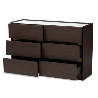 Walker Wood 6 Drawer Dresser With Faux Marble Top Dark Brown/Marble/Gold - Baxton Studio 1 Walker Wood 6 Drawer Dresser With Faux Marble Top Dark Brown/Marble/Gold - Baxton Studio