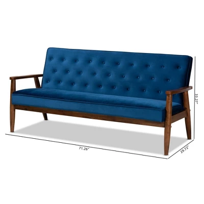 Sorrento Velvet Upholstered Wooden 3 Seater Sofa Navy Blue/Brown - Baxton Studio 8 Sorrento Velvet Upholstered Wooden 3 Seater Sofa Navy Blue/Brown - Baxton Studio - Image 8