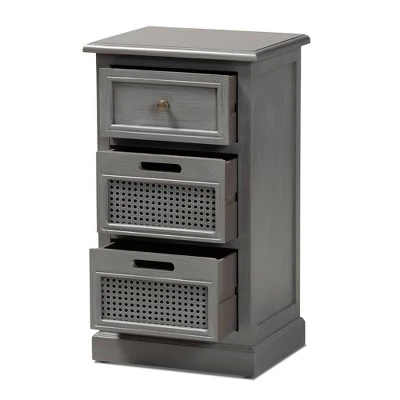 Sheldon Vintage Wood And Synthetic Rattan 3 Drawer Nightstand Gray - Baxton Studio 1 Sheldon Vintage Wood And Synthetic Rattan 3 Drawer Nightstand Gray - Baxton Studio