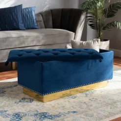 Powell Velvet Fabric Upholstered And PU Leather Ottoman Gold/Blue - Baxton Studio -Urban Dwell Gear Outlet Store GUEST 80611a78 4c6d 4dda 94ba d7c5df476e94