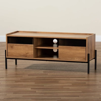 Tasman Wood And Metal 2 Door TV Stand For TVs Up To 45" Natural Brown/Black - Baxton Studio 8 Tasman Wood And Metal 2 Door TV Stand For TVs Up To 45" Natural Brown/Black - Baxton Studio - Image 8