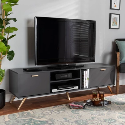 Kelson Wood TV Stand For TVs Up To 55" Dark Gray/Gold - Baxton Studio 3 Kelson Wood TV Stand For TVs Up To 55" Dark Gray/Gold - Baxton Studio - Image 3