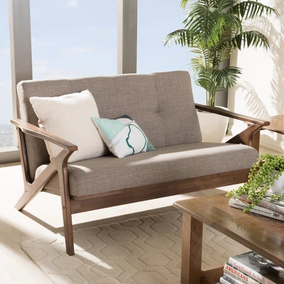 Bianca Mid-Modern Walnut Wood Fabric Tufted 2 Seater Loveseat Light Gray - Baxton Studio 7 Bianca Mid-Modern Walnut Wood Fabric Tufted 2 Seater Loveseat Light Gray - Baxton Studio - Image 7