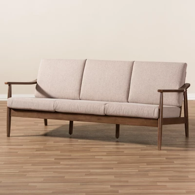 Venza Mid-Modern Walnut Wood Fabric Upholstered 3 Seater Sofa Light Brown - Baxton Studio 7 Venza Mid-Modern Walnut Wood Fabric Upholstered 3 Seater Sofa Light Brown - Baxton Studio - Image 7