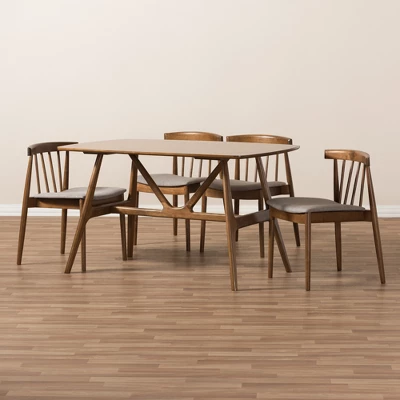 5pc Wyatt Midcentury Modern Walnut Wood Dining Set Beige/Brown - Baxton Studio 7 5pc Wyatt Midcentury Modern Walnut Wood Dining Set Beige/Brown - Baxton Studio - Image 7
