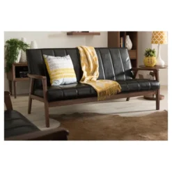 Nikko Mid-Century Modern Scandinavian Style Faux Leather Wooden 3 Seater Sofa - Baxton Studio -Urban Dwell Gear Outlet Store GUEST 8bb4759d aa38 4680 9a30 4f5ce10a8086