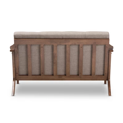 Bianca Mid-Modern Walnut Wood Fabric Tufted 2 Seater Loveseat Light Gray - Baxton Studio 3 Bianca Mid-Modern Walnut Wood Fabric Tufted 2 Seater Loveseat Light Gray - Baxton Studio - Image 3