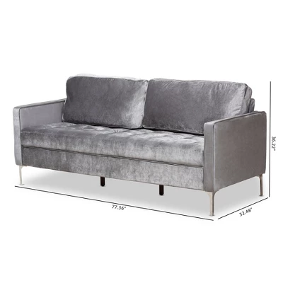 Baxton Studio Clara Velvet Fabric Upholstered 3 Seater Sofa Gray - BaxtonStudio 2 Baxton Studio Clara Velvet Fabric Upholstered 3 Seater Sofa Gray - BaxtonStudio - Image 2