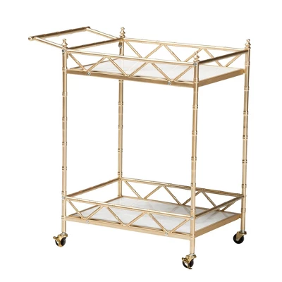 Mela Metal And Marble 2 Tier Wine Cart Gold/White Marble - Baxton Studio 2 Mela Metal And Marble 2 Tier Wine Cart Gold/White Marble - Baxton Studio - Image 2