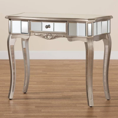 Elgin Brushed Wood And Mirrored Glass 1 Drawer Console Table Silver/Mirror - Baxton Studio 6 Elgin Brushed Wood And Mirrored Glass 1 Drawer Console Table Silver/Mirror - Baxton Studio - Image 6