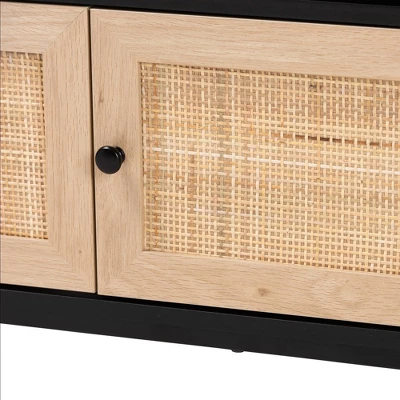 Declan Wood And Natural Rattan 3 Door TV Stand Espresso Brown/Black - Baxton Studio 5 Declan Wood And Natural Rattan 3 Door TV Stand Espresso Brown/Black - Baxton Studio - Image 5