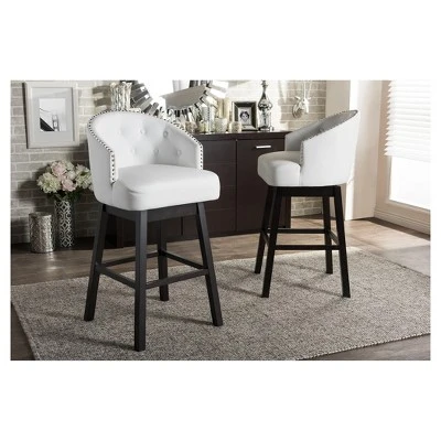 Set Of 2 Avril Modern And Contemporary Faux Leather Tufted Swivel Barstool With Nail Heads Trim - White - Baxton Studio 3 Set Of 2 Avril Modern And Contemporary Faux Leather Tufted Swivel Barstool With Nail Heads Trim - White - Baxton Studio - Image 3
