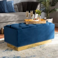 Powell Velvet Fabric Upholstered And PU Leather Ottoman Gold/Blue - Baxton Studio -Urban Dwell Gear Outlet Store GUEST a432f300 1d49 4004 99de 0ccd7a46a32e