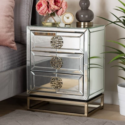 Laken 3 Drawers Mirrored Nightstand - Baxton Studio 5 Laken 3 Drawers Mirrored Nightstand - Baxton Studio - Image 5