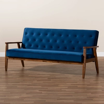 Sorrento Velvet Upholstered Wooden 3 Seater Sofa Navy Blue/Brown - Baxton Studio 7 Sorrento Velvet Upholstered Wooden 3 Seater Sofa Navy Blue/Brown - Baxton Studio - Image 7